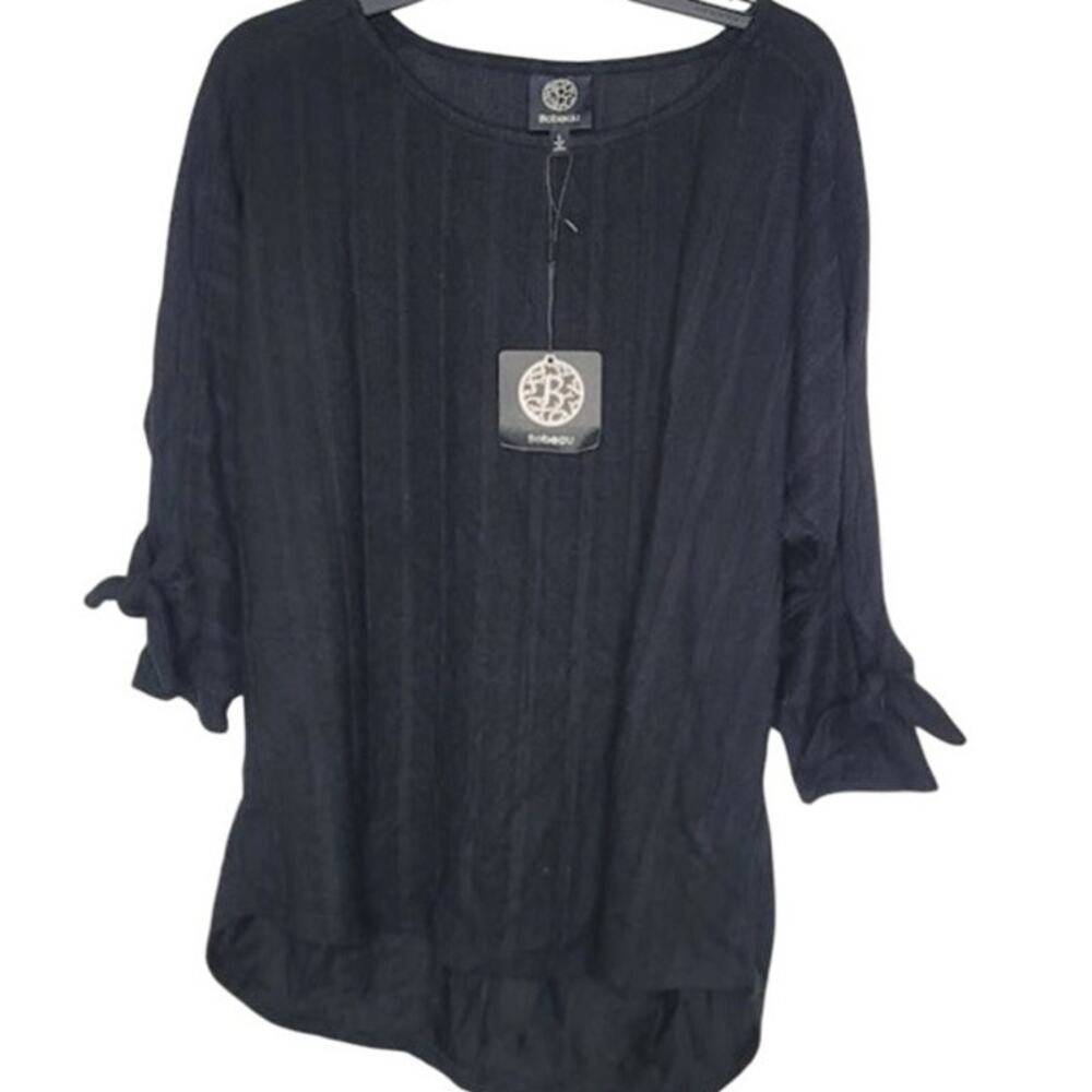 Bobeau Small black top blouse round hem tie sleeves stripes casual round neck